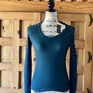 Bebe teal sweater.  Cute lace detailing on shoulders.  Form fitting.